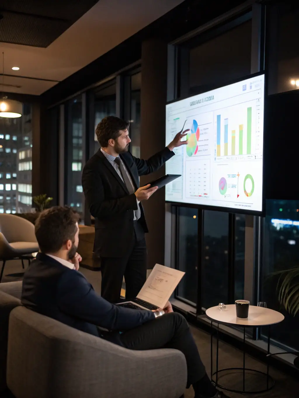 A consultant presenting market analysis data to a client, showcasing trends, competitive landscape, and customer needs in a presentation.