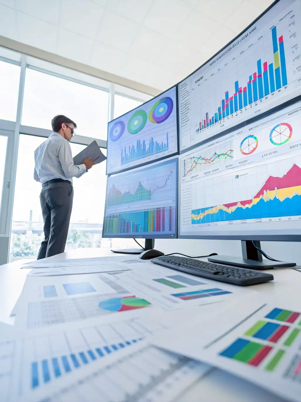 A consultant analyzing operational data on a laptop, with charts and graphs illustrating efficiency improvements in a manufacturing plant.