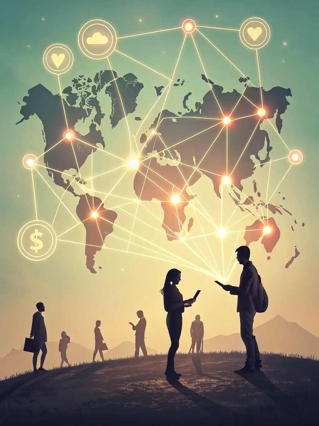 A modern image of interconnected global network nodes, symbolizing comprehensive consulting services and global reach.