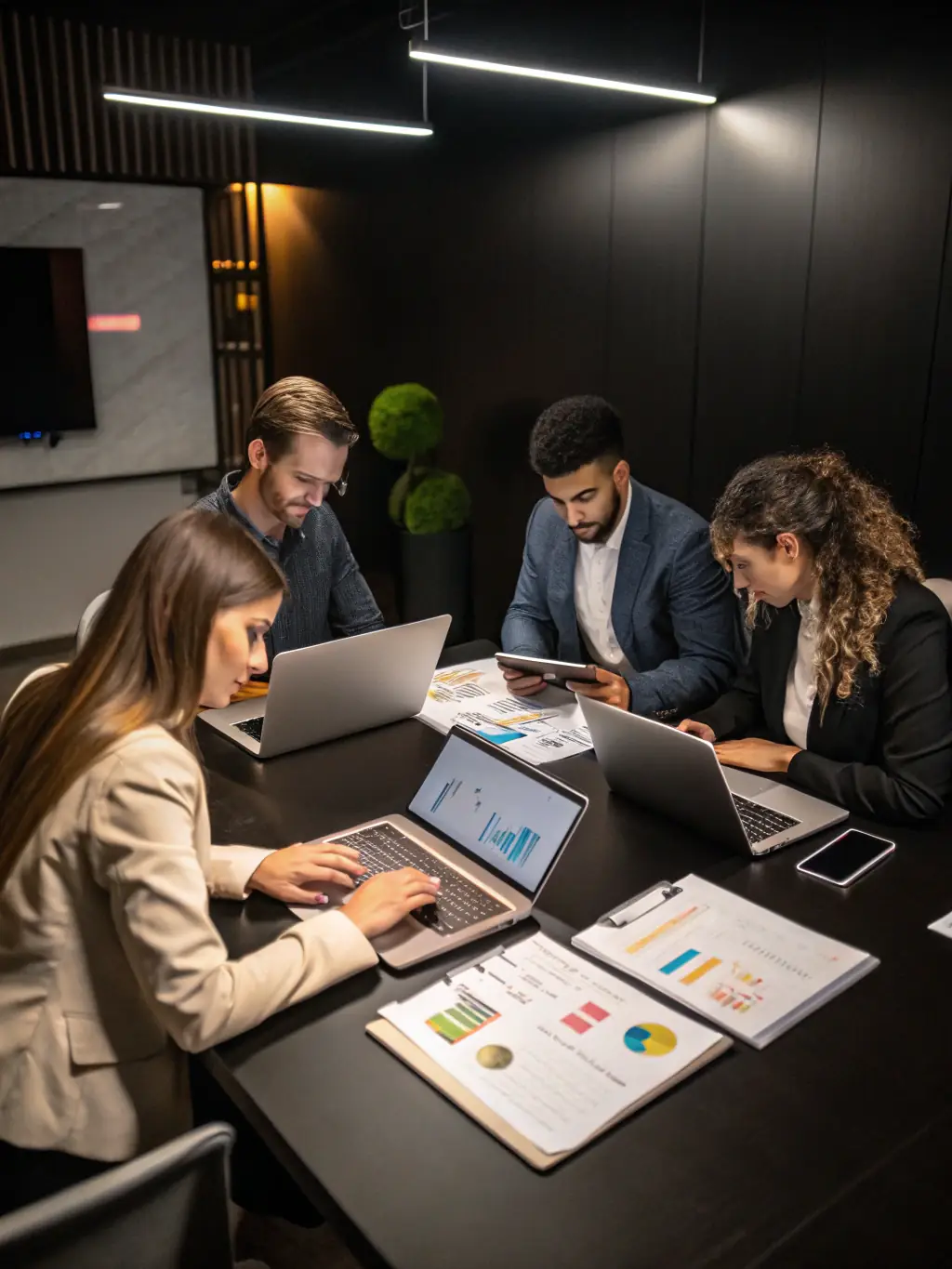 A dynamic image of a diverse team collaborating around a table with charts and laptops, symbolizing strategic planning sessions, used to represent Synapse Strategy Solutions' strategic planning service.