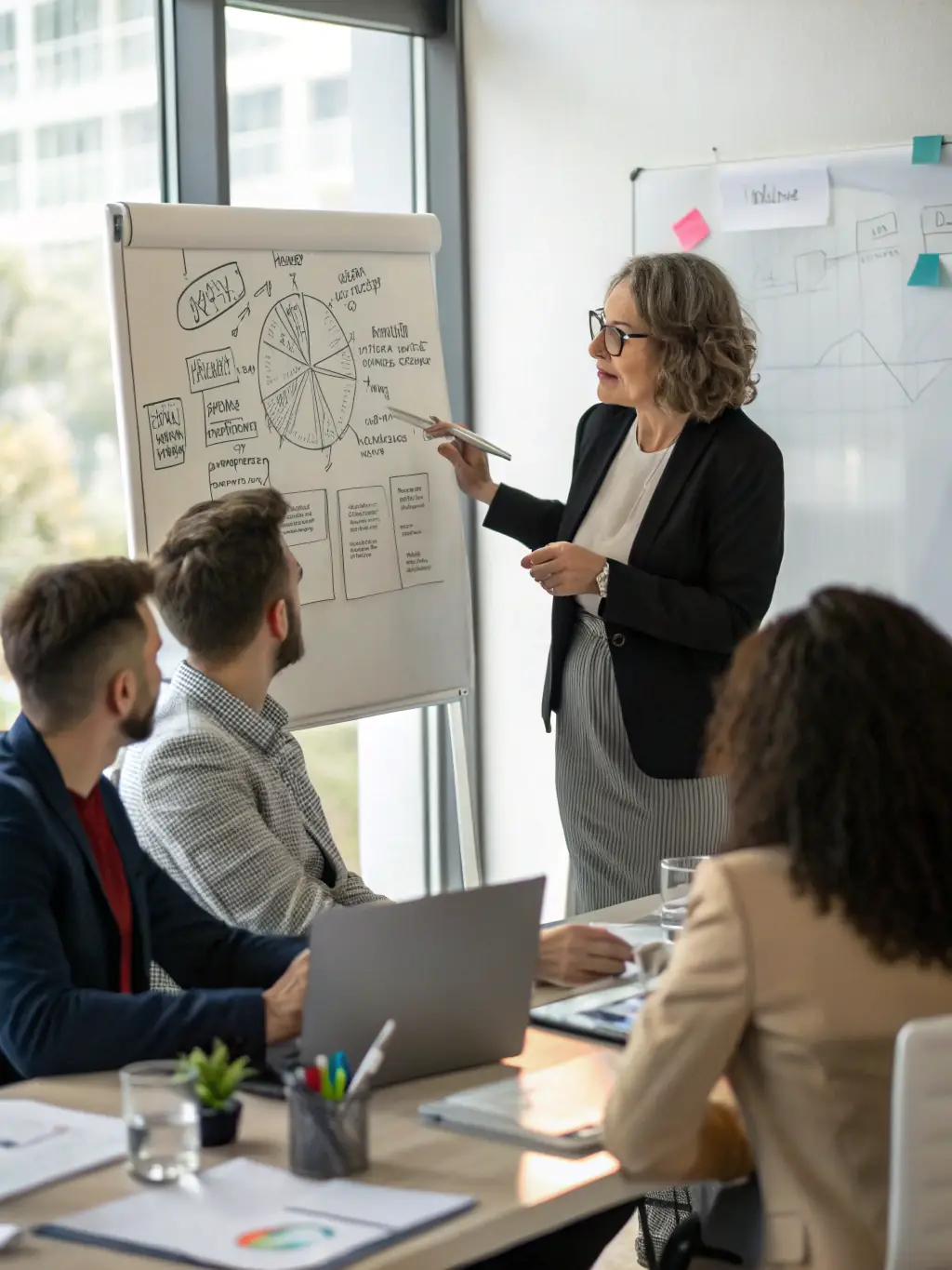 A consultant facilitating a strategic planning session with a diverse team, brainstorming ideas on a whiteboard in a modern office setting.